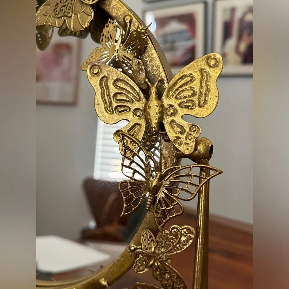 Vintage Gold Metal Round 3D Butterfly Standing Mirror
